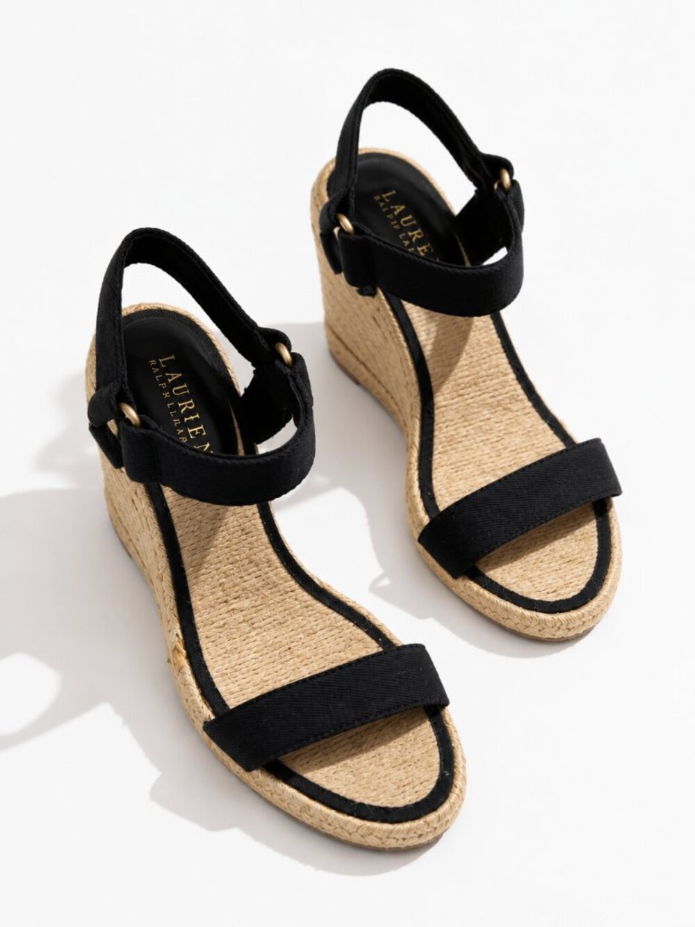 Ralph Lauren Indigo Black Espadrille Wedge Sandals with Jute Platform Sz 8.5